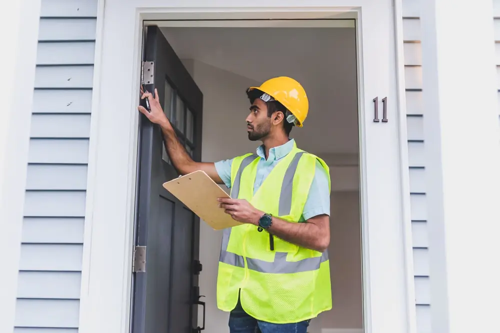 Inspector checking a front door frame with a clipboard